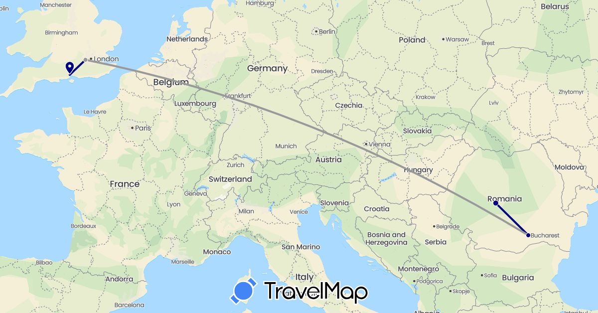 TravelMap itinerary: driving, plane in United Kingdom, Romania (Europe)